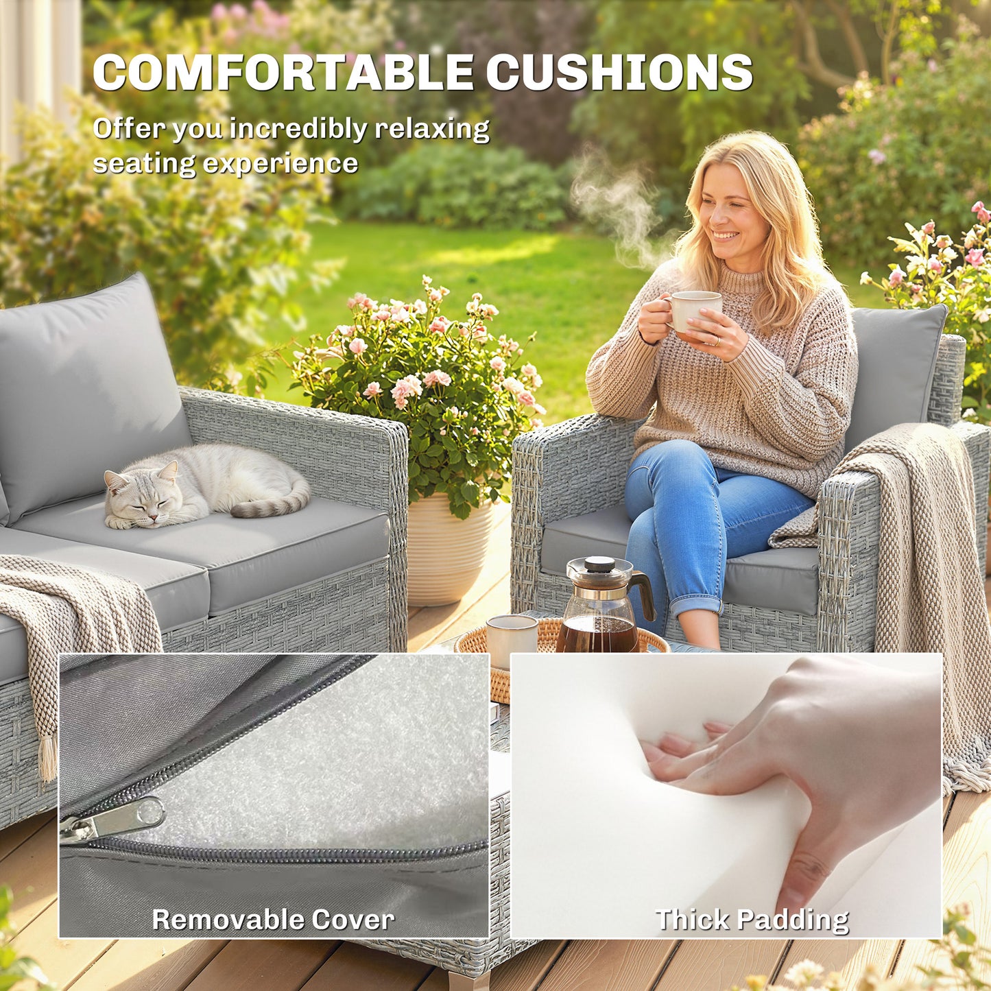 4 Piece Rattan Garden Furniture Set with Loveseat, 2 Armchairs, Glass-Top Table, Wicker Patio Conversation Set, Grey