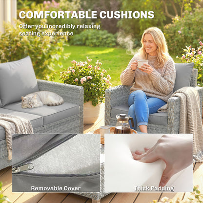 4 Piece Rattan Garden Furniture Set with Loveseat, 2 Armchairs, Glass-Top Table, Wicker Patio Conversation Set, Grey