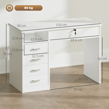 Computer Desk, Home Office Desk with Lockable Drawer, Storage Shelf for Study Bedroom, 110 x 50 x 76 cm, White