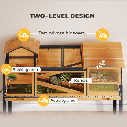 Wooden Tortoise House with Stand Legs, Clear Observation Windows, Ramps, Openable Top, Built-in Tray, Yellow