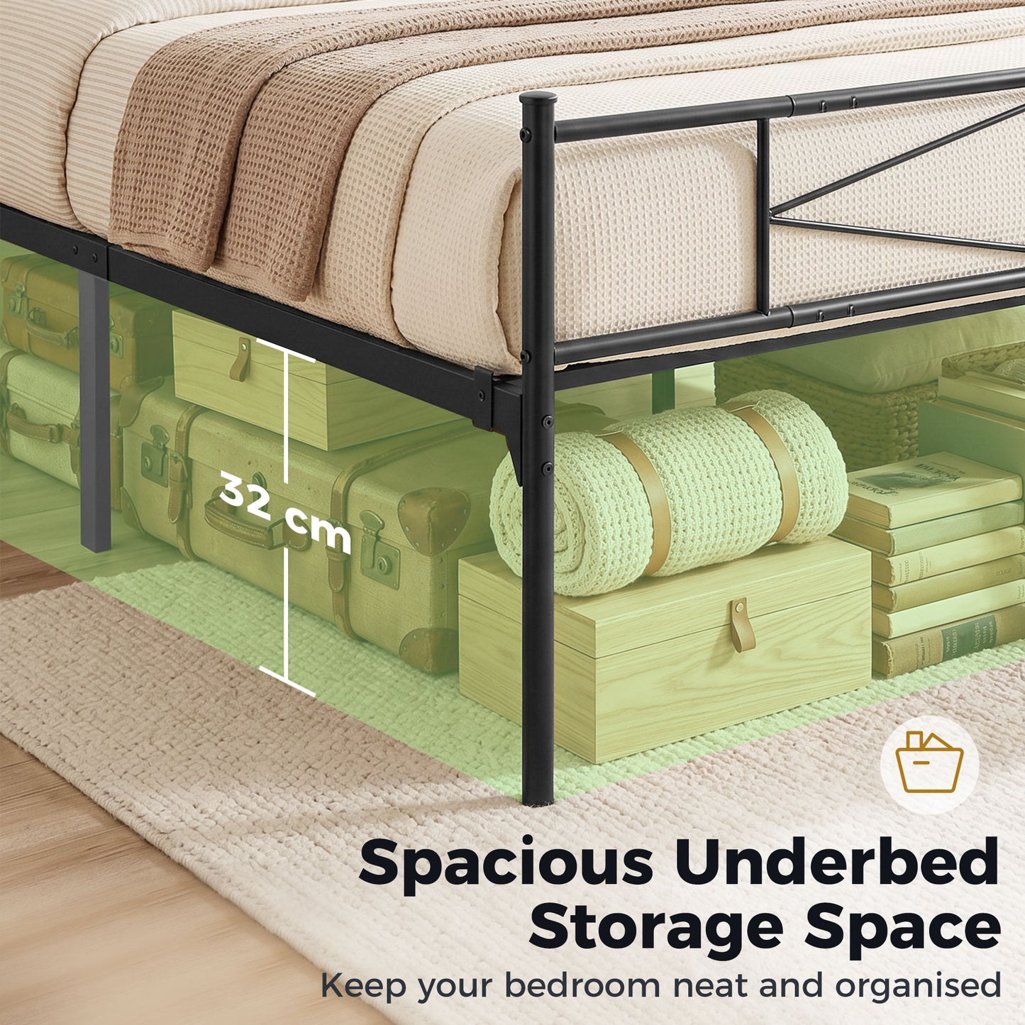 5ft King Bed Frame with Headboard and Footboard, Metal Platform Bed Frame with 32 cm Underbed Storage, Black