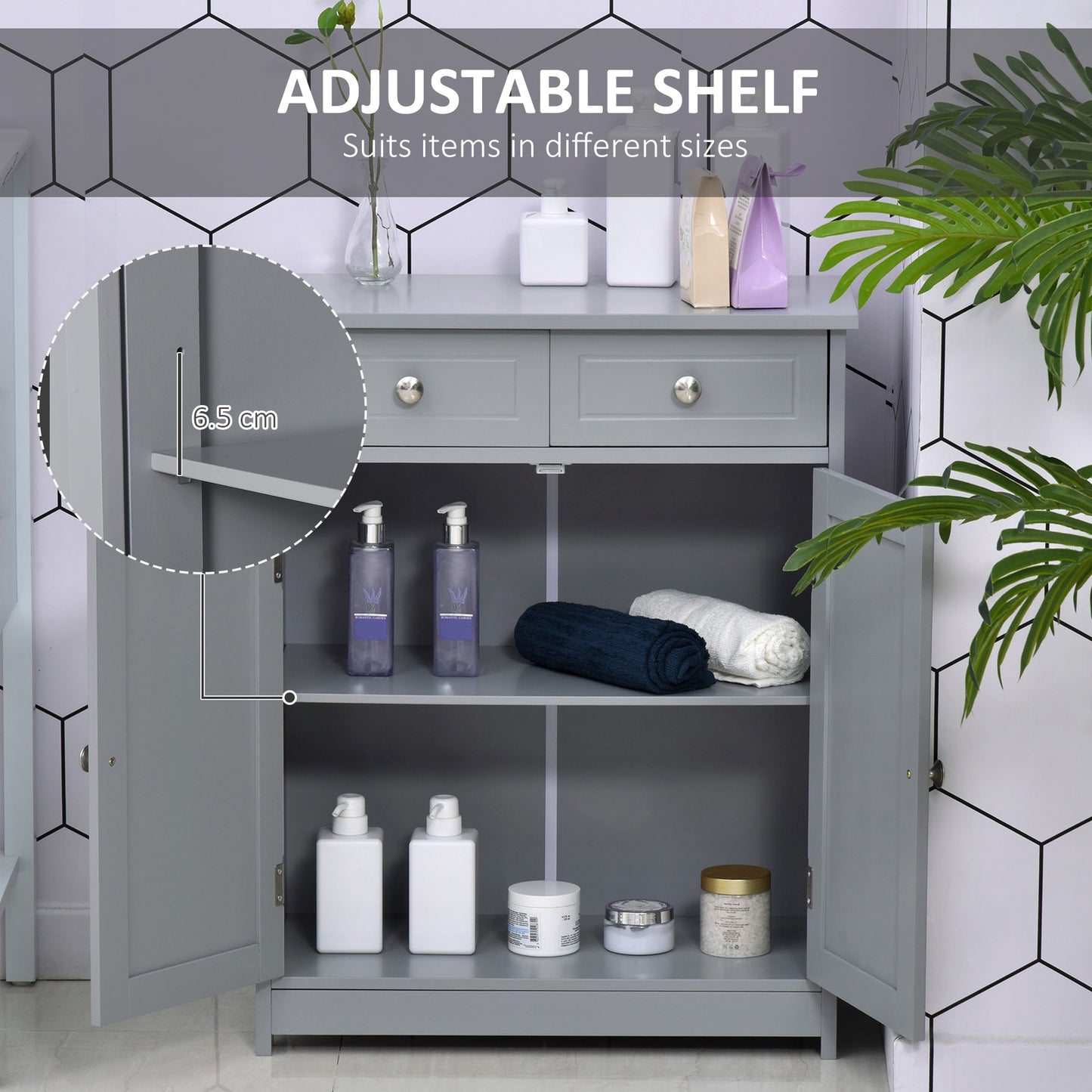 75x60cm Freestanding Bathroom Storage Cabinet Unit w/ 2 Drawers Cupboard Adjustable Shelf Metal Handles Traditional Style Gre