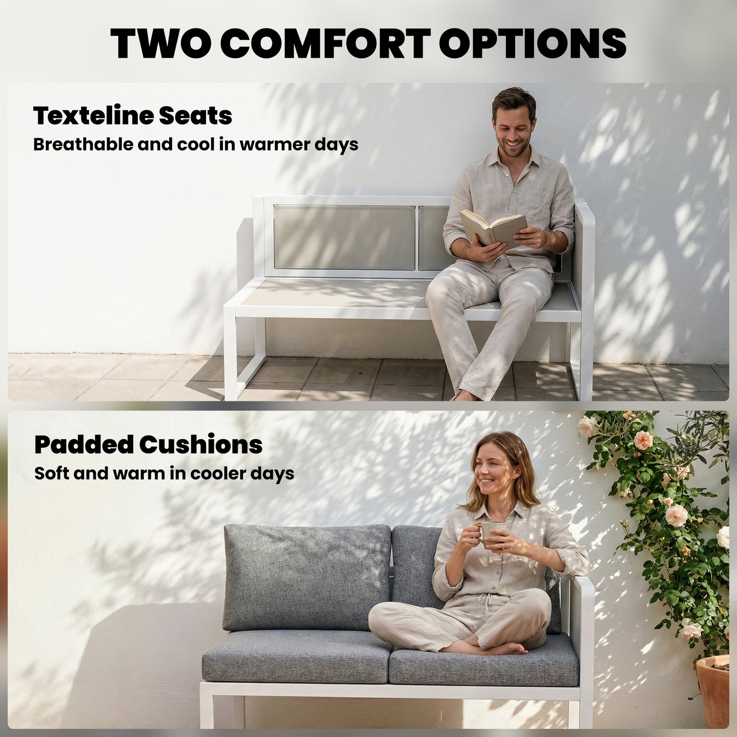 6 Seater Metal Garden Furniture Corner Sofa Set with 3 Loveseats, Faux Wood Table, Texteline Seat, Cushions, White