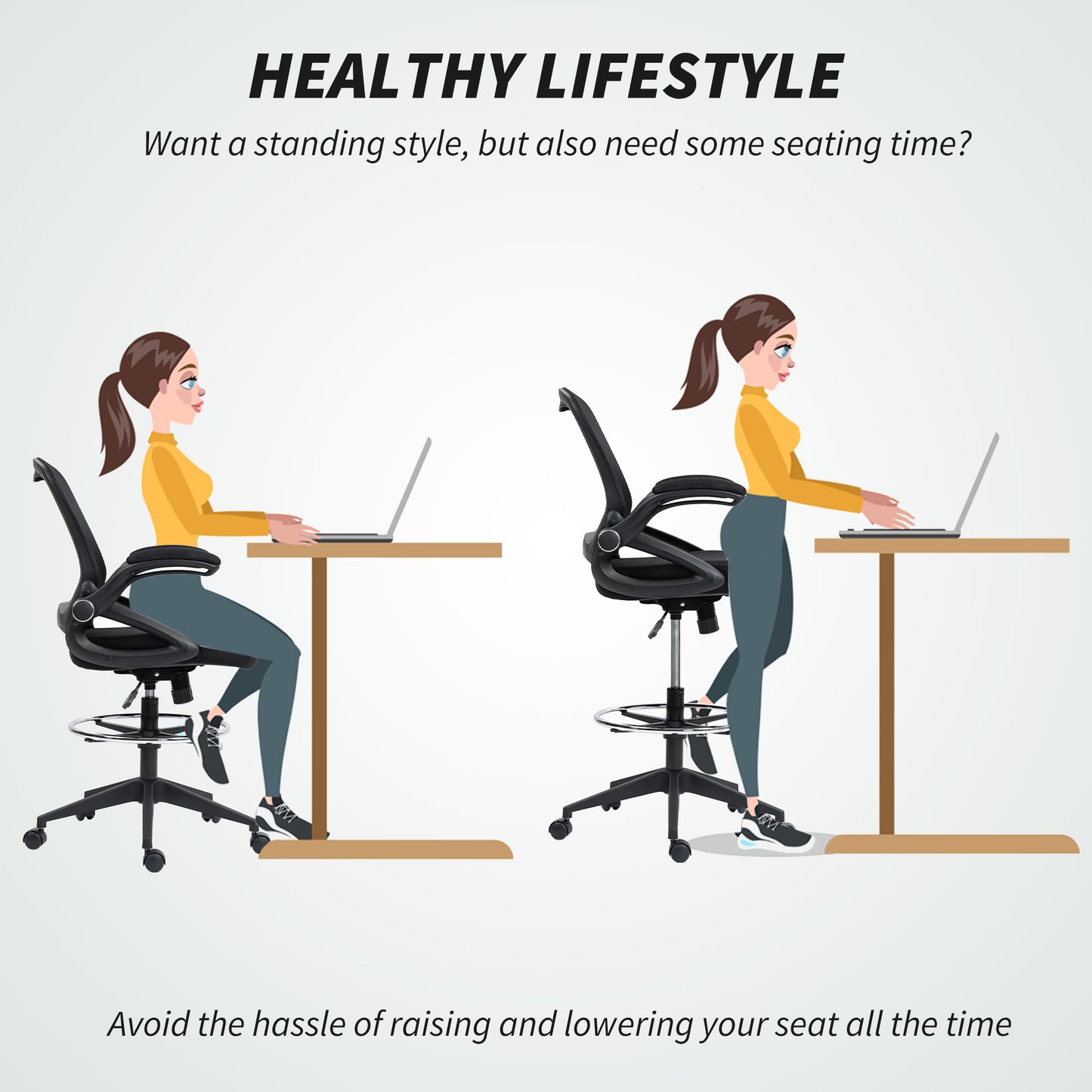 Drafting Chair with Flip-up Armrest, Mesh Office Stool with Foot Ring