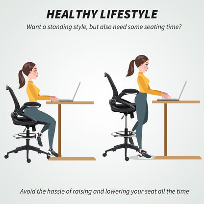 Drafting Chair with Flip-up Armrest, Mesh Office Stool with Foot Ring