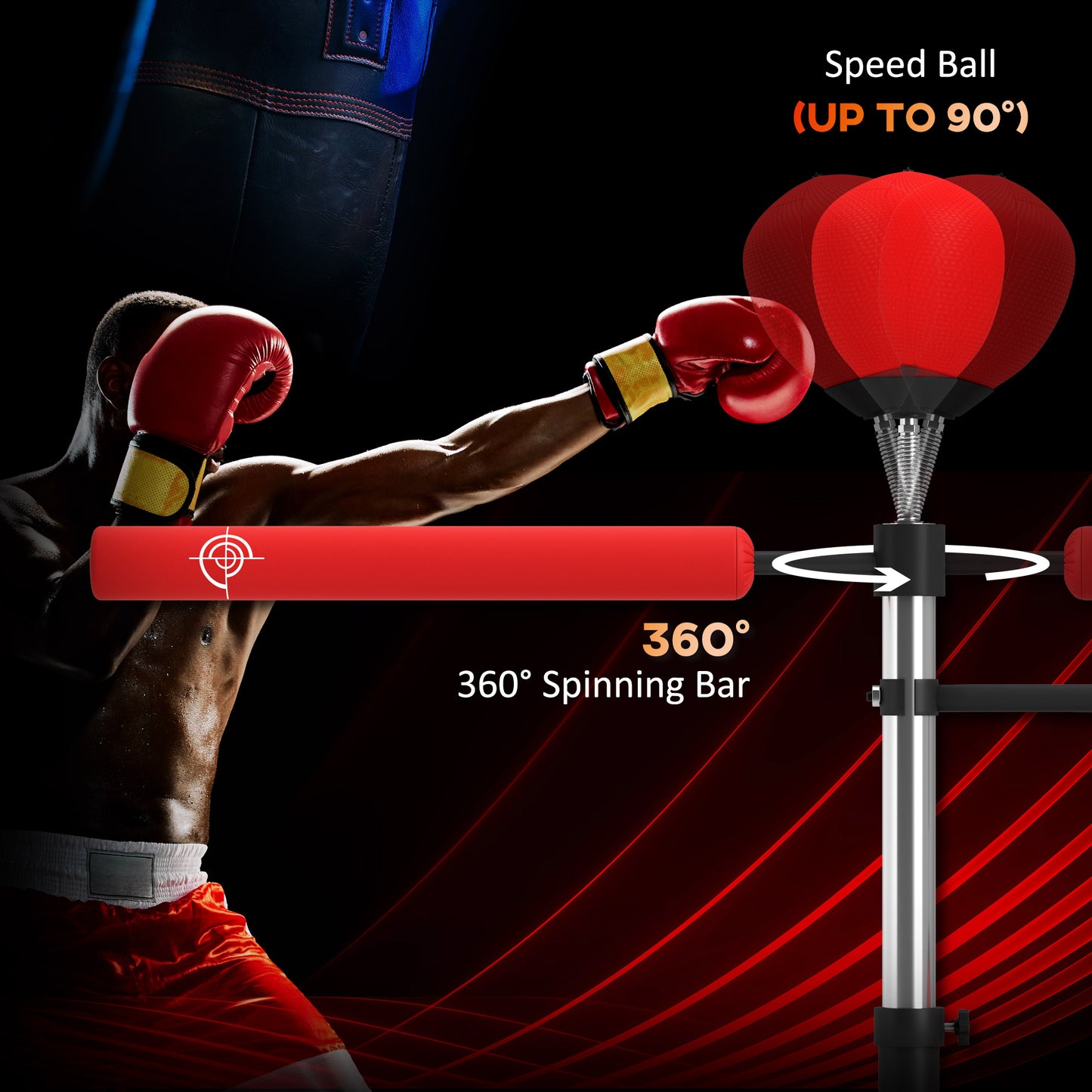 4-in-1 Boxing Punching Bag, Freestanding with 2 Speed Bals, 360° Reflex Bar, 160-230cm Adjustable Height, Red