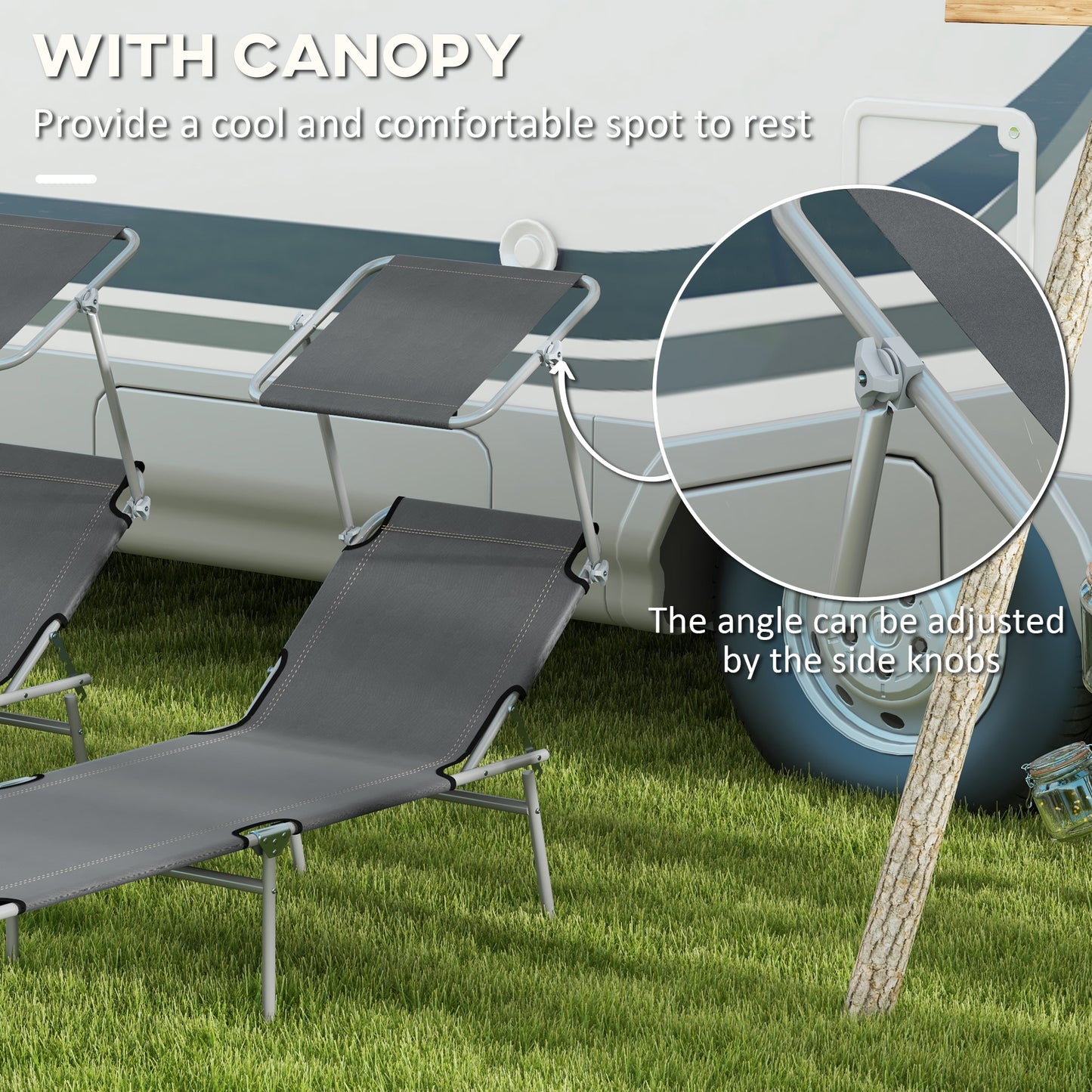 Folding Sun Lounger Set of 2 with Canopy, Reclining Sunbed with 4-Position Adjustable Backrest, 600D Oxford Cloth