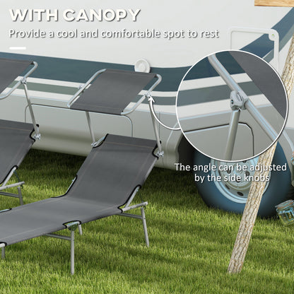 Folding Sun Lounger Set of 2 with Canopy, Reclining Sunbed with 4-Position Adjustable Backrest, 600D Oxford Cloth