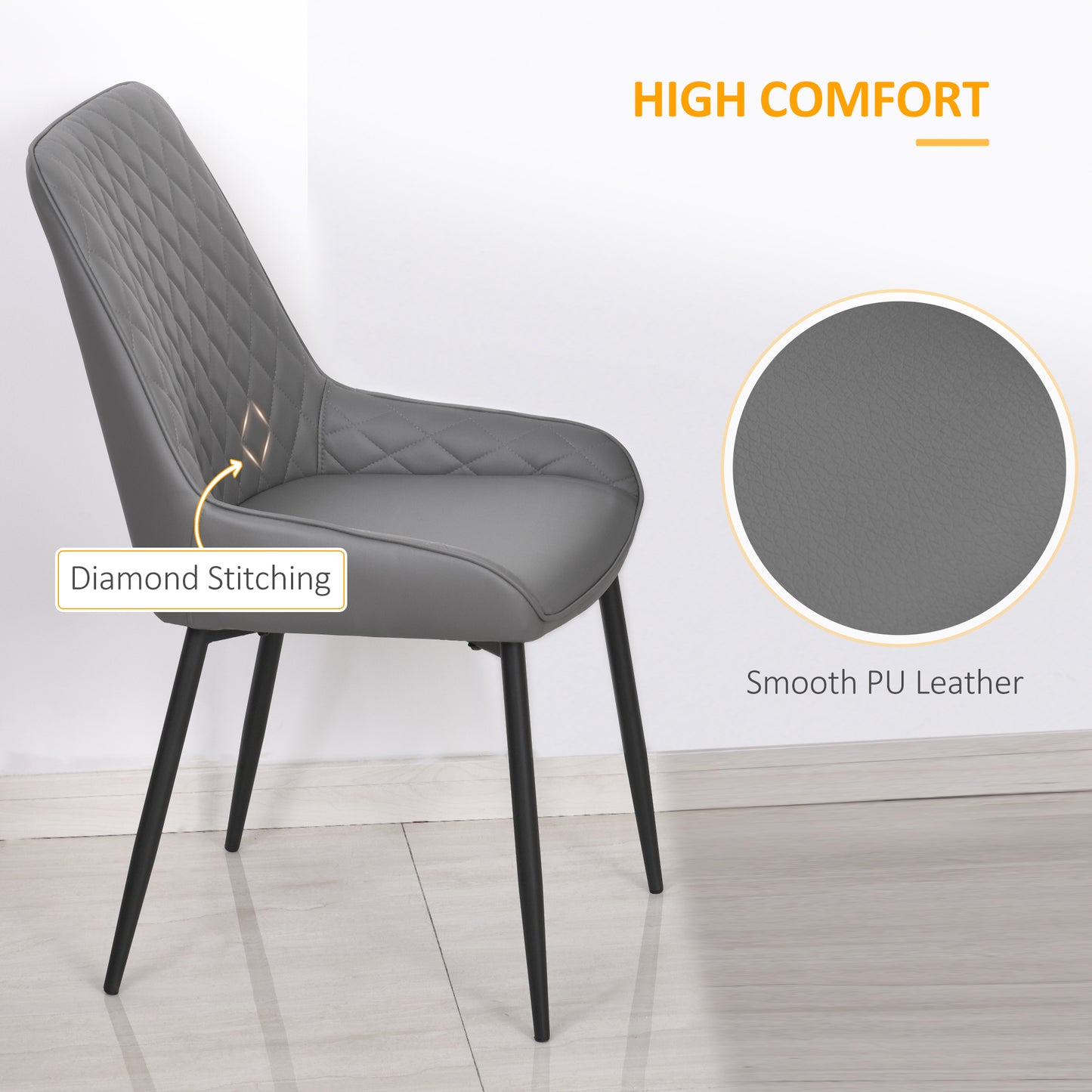 Set Of 2 Quilted PU Leather Dining Chairs with Metal Frame 4 Legs Foot Caps Home Seating Modern Stylish Executive Grey