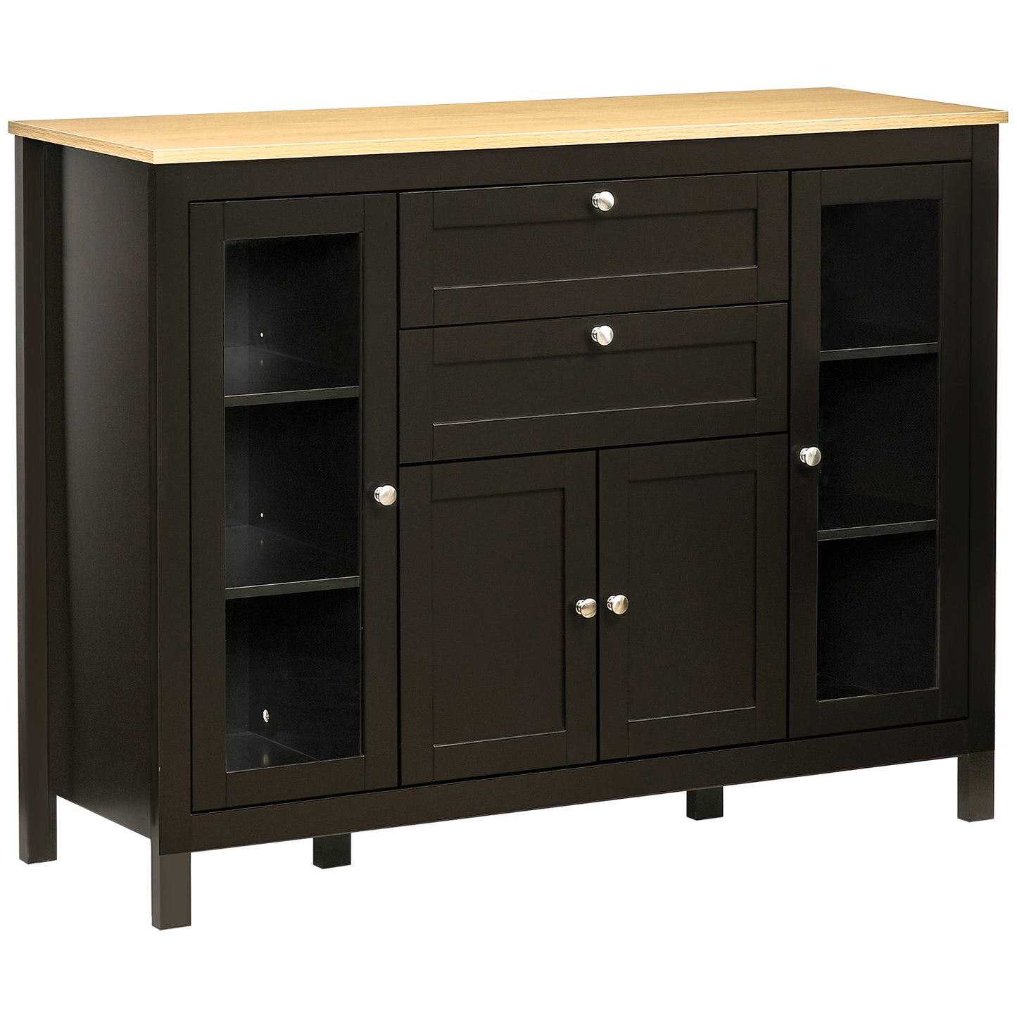 Modern Storage Cabinet, Sideboard with Oak Top, 4 Doors, 2 Drawers and 5 Adjustable Shelves, Black Brown