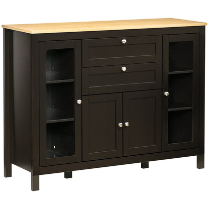 Modern Storage Cabinet, Sideboard with Oak Top, 4 Doors, 2 Drawers and 5 Adjustable Shelves, Black Brown