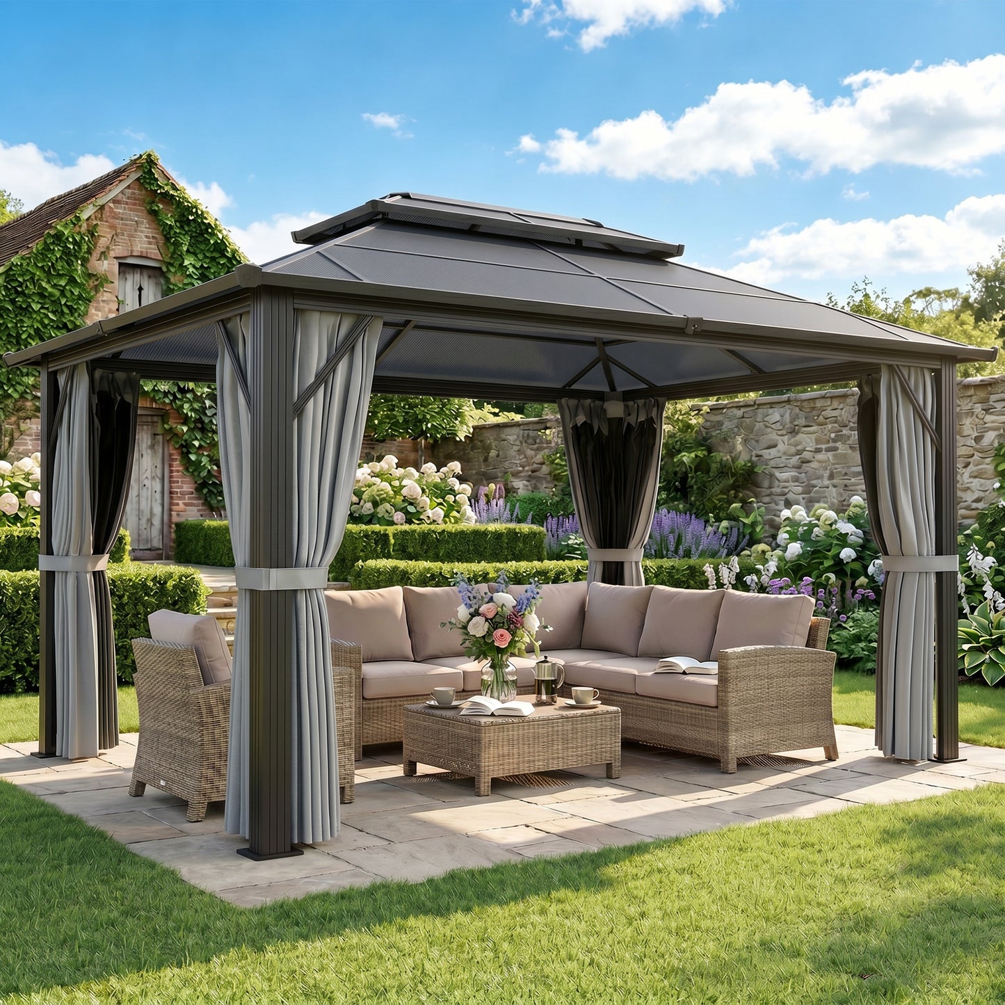 3 x 4m Hardtop Gazebo Canopy with UPF30+ Double Polycarbonate Roof, Aluminium Frame Garden Gazebo Permanent Pavilion