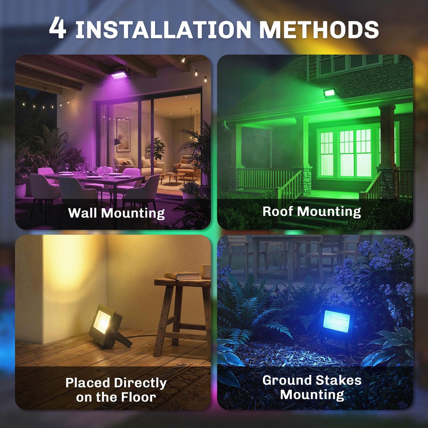 32W LED Floodlights, Linkable 4-Pack Landscape Lighting with Remote Control, RGB Colour Changing, UK Plug, Black