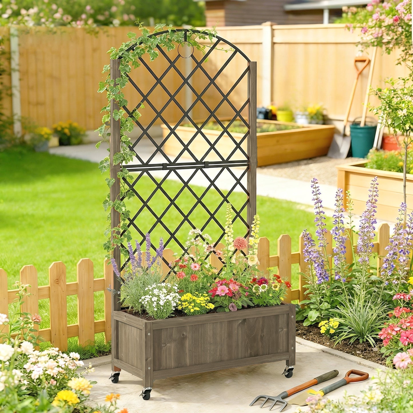 Raised Garden Bed with Metal Trellis, Wooden Elevated Planter Box w/Lockable Wheels, Outdoor Raised Planter, Carbonised