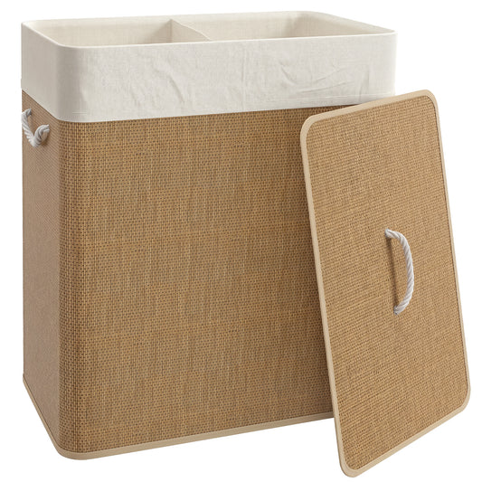 2 Section Laundry Basket with Lid, 100L Bamboo Laundry Hamper with Handles, Removable and Washable Liner, Brown