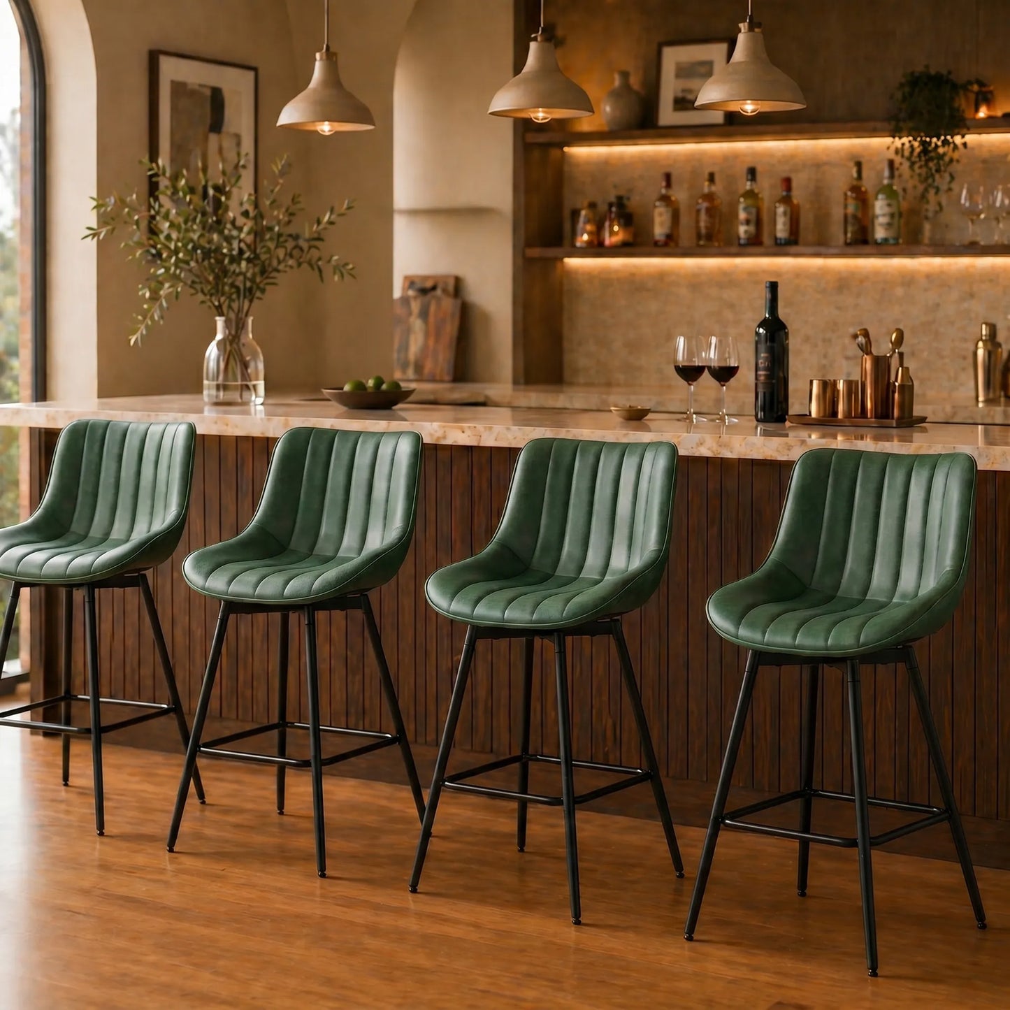 Set of 2 PU Leather Swivel Bar Stools - Dark Green