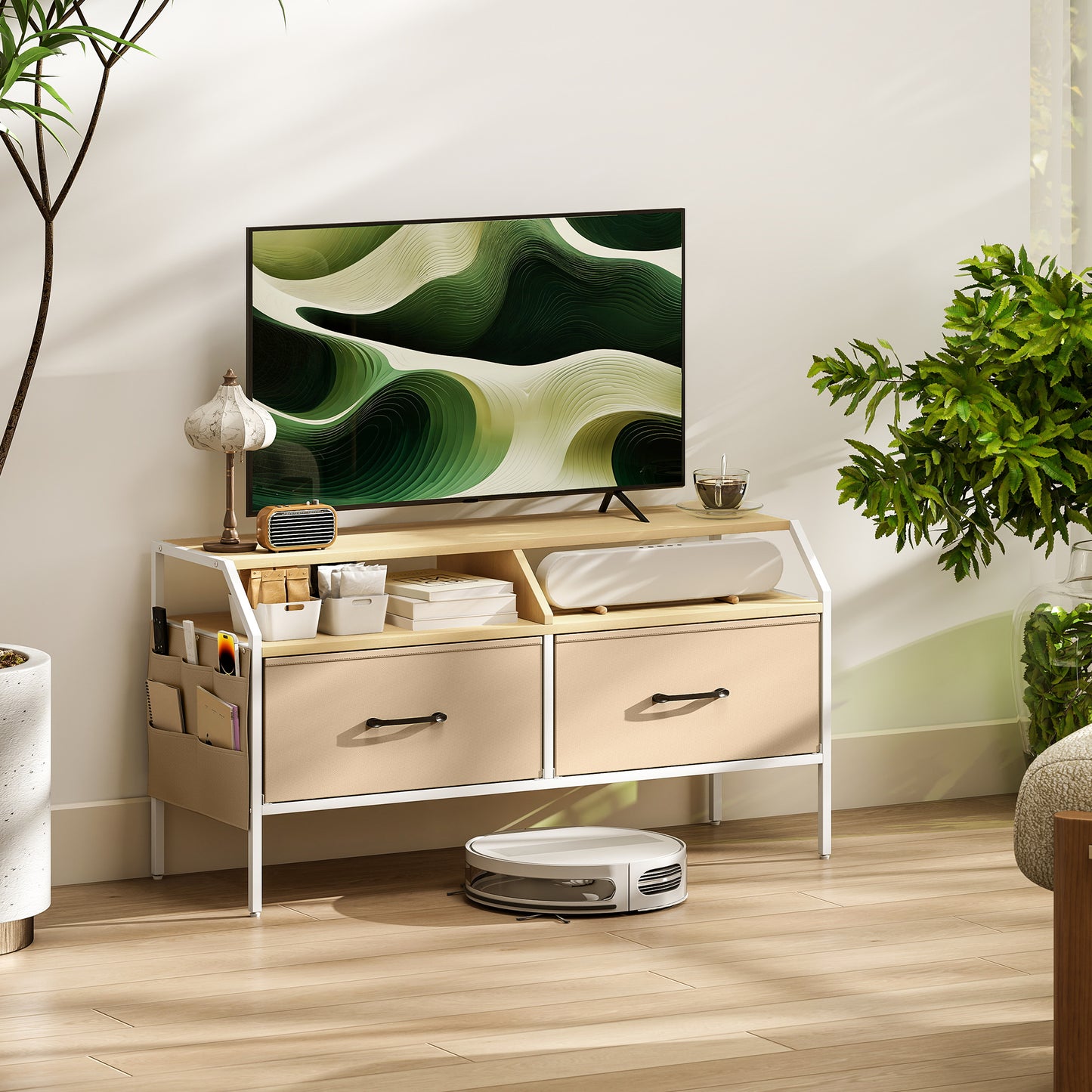 Industrial-Style TV Stand Cabinet - Natural Wood Finish