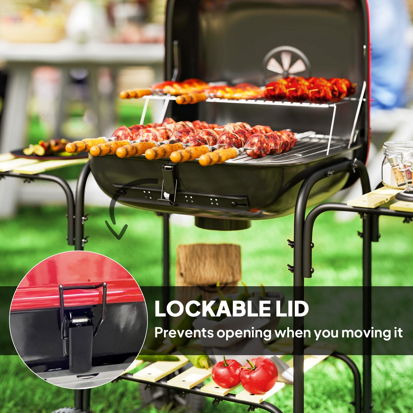 Charcoal Barbecue Grill Portable BBQ Grill with 1840 cm² Cooking Area, 3 Shelves, Adjustable Vent, Lockable Lid