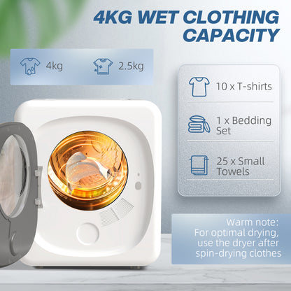 4kg Vented Tumble Dryer with 5 Drying Mode, 800W Compact Freestanding Front Tumble Dryer White