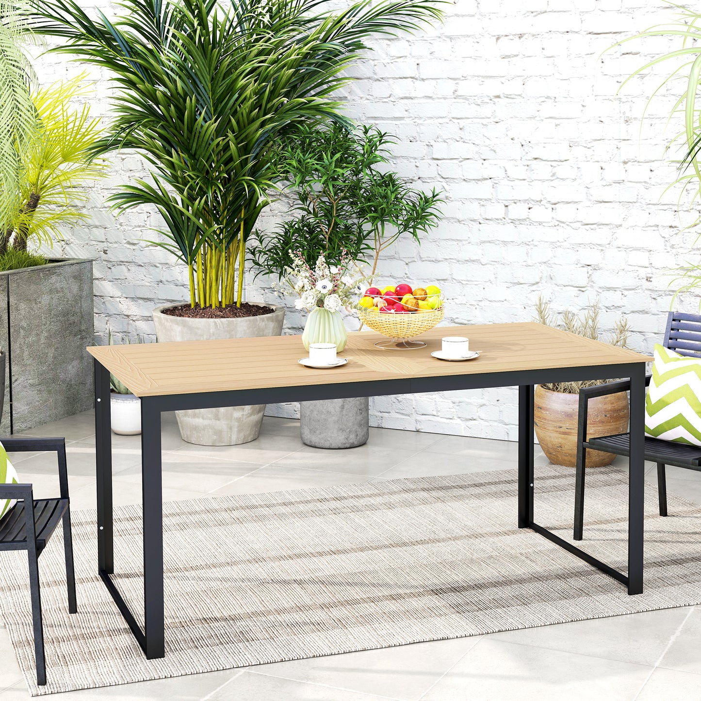 Garden Table for 6 People, 160 x 80 x 75 cm Rectangle Outdoor Dining Table with Slatted Top, Metal Frame, for Balcony, Deck