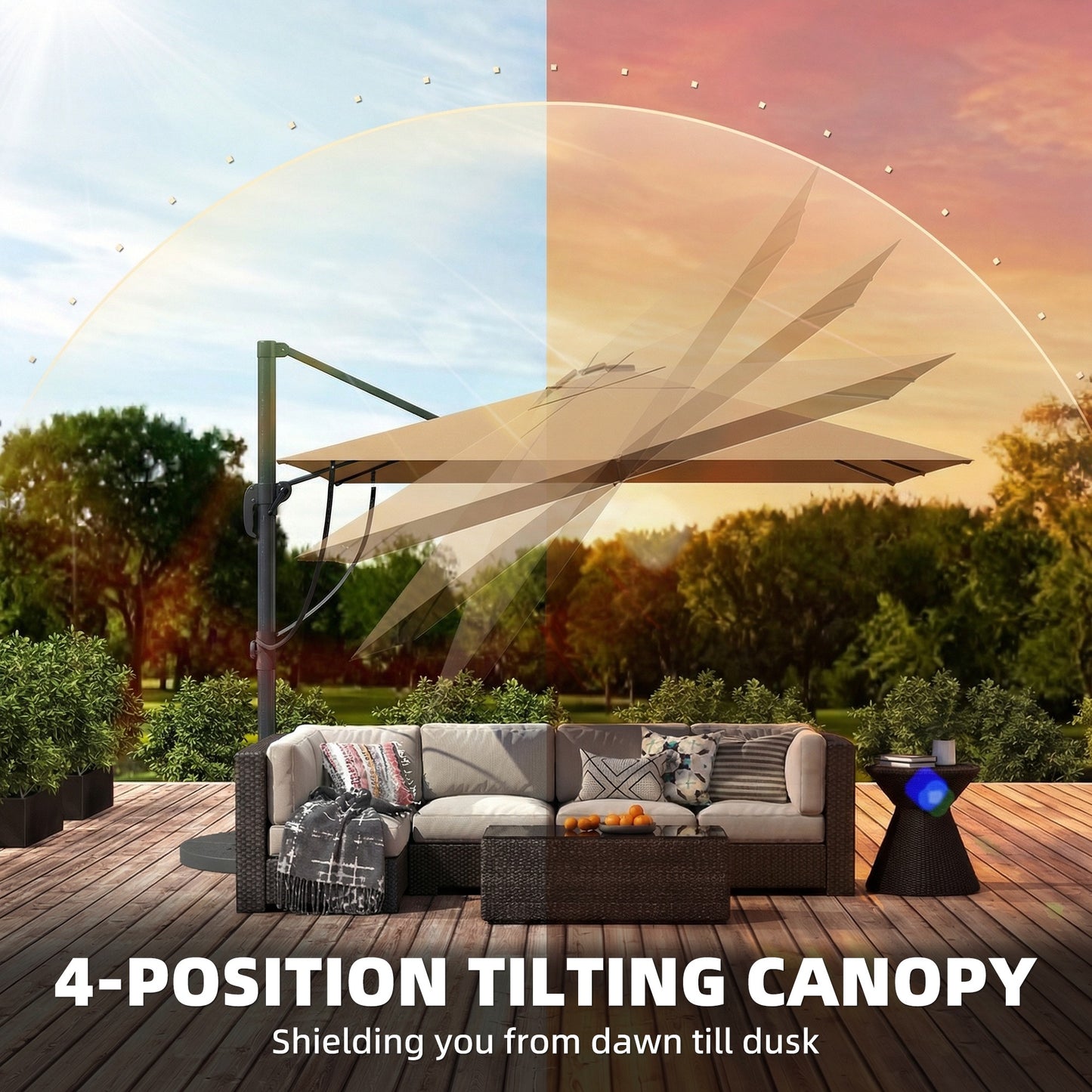 3 x 3 m Garden Cantilever Parasol with Light, Umbrella with Wind Protection, 360° Rotation, Khaki