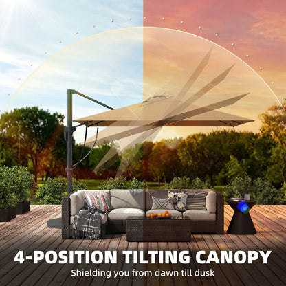 3 x 3 m Garden Cantilever Parasol with Light, Umbrella with Wind Protection, 360° Rotation, Khaki
