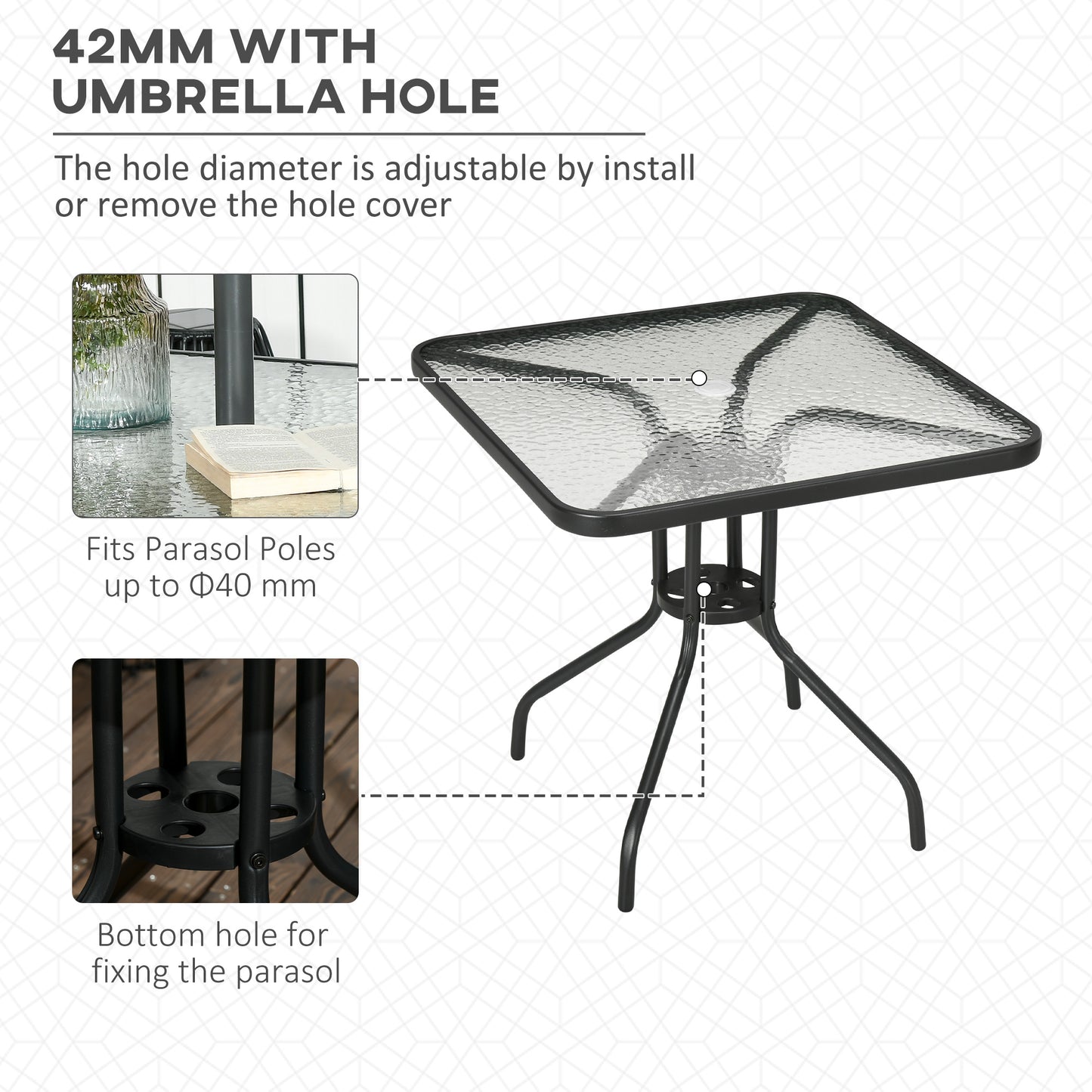 Square Garden Dining Table with Tempered Glass Top & Umbrella Hole, 76 x 76 cm
