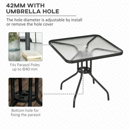 Square Garden Dining Table with Tempered Glass Top & Umbrella Hole, 76 x 76 cm