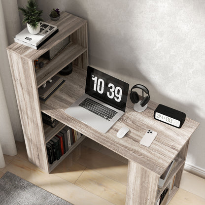 120cm Computer Desk, Wooden PC Laptop Table with 6-Tier Storage Bookshelves, Home Office Working Study Desk