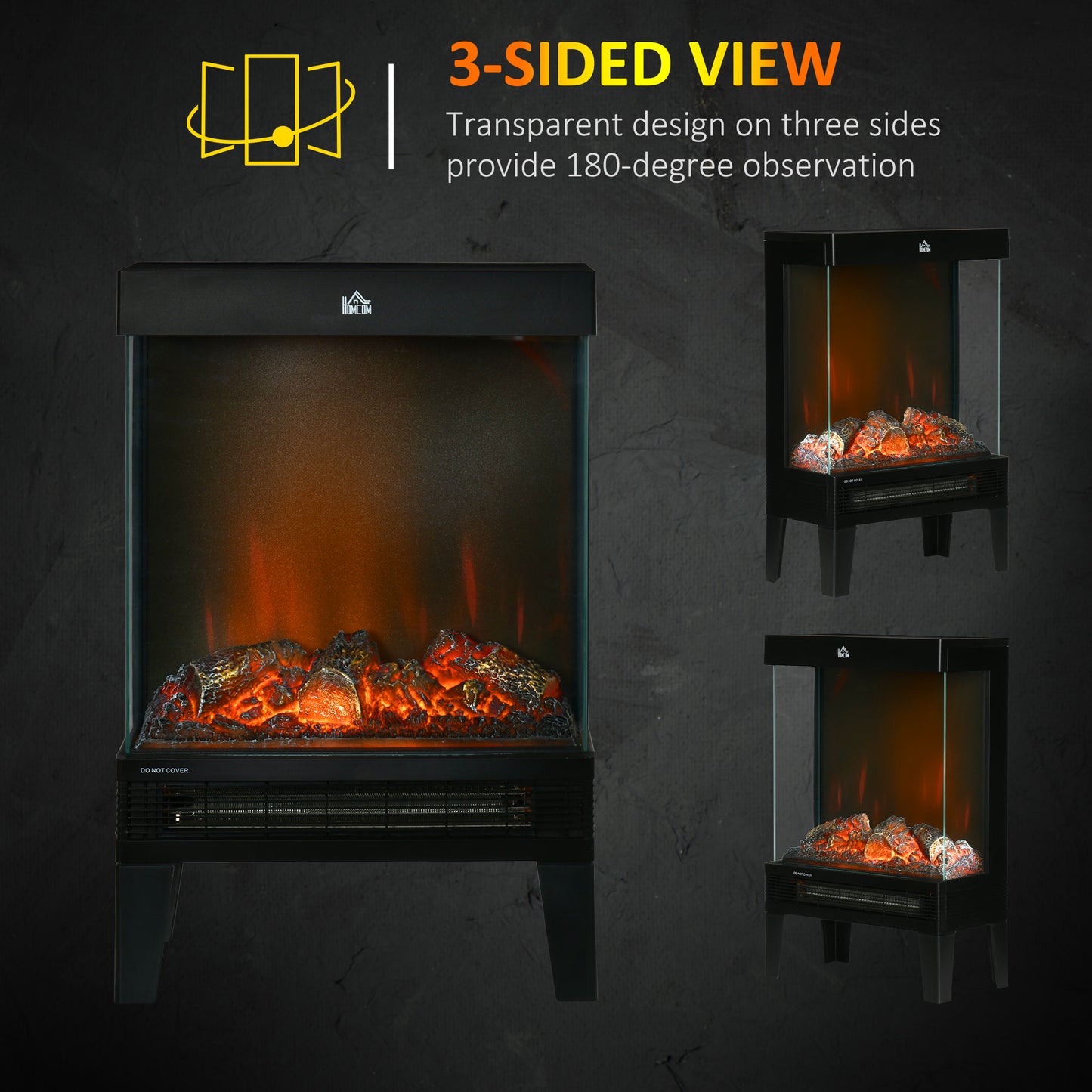 180° Charming Electric Fireplace Heater, Quiet Freestanding Stove with LED Flame Effect, 3-Sided Tempered Glass Panels