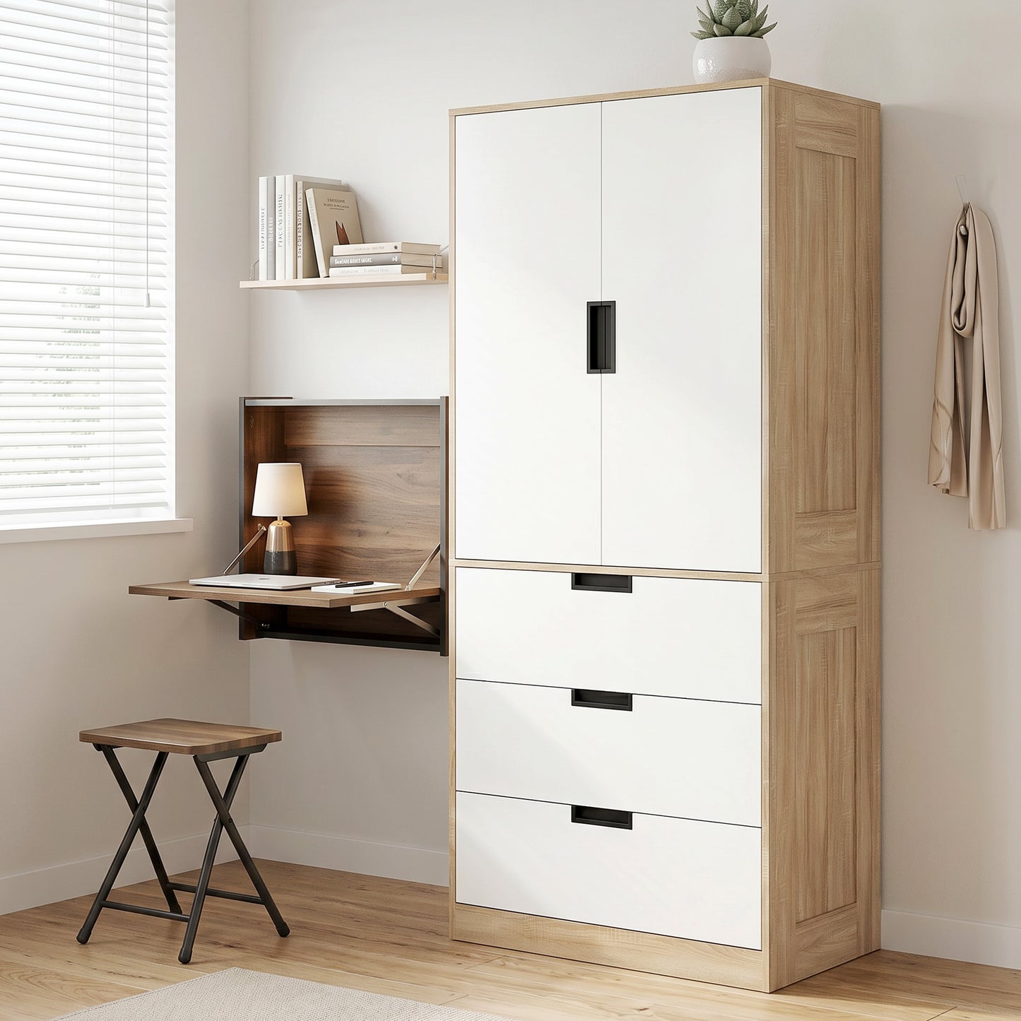 Modern Clothes Storage Cupboard Unit, 3 Drawer 2 Door Wardrobe with Hanging Rod, Oak