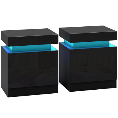 Black Bedside Table with LED Light, High Gloss Front Nightstand with 2 Drawers, for Living Room, Bedroom, Set of 2