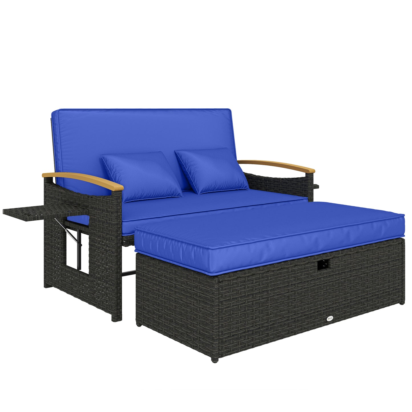 Double Garden Rattan Daybed, Wicker Sun Bed Chaise Lounger with Storage Ottoman, 4-Level Adjustable Backrest, Brown