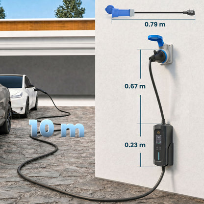 EV Charger 7kW Type 2 to CEE 32A Plug with UK Adapter, 10 m, 6-32A, Electric Car Charger w/ 1-12 h Time Delay