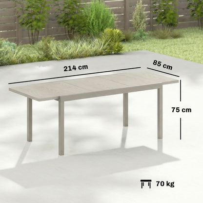 Extending Garden Table, Aluminium Outdoor Dining Table for 8-10 with Wood-Like Grained Surface, Light Grey Wood Effect