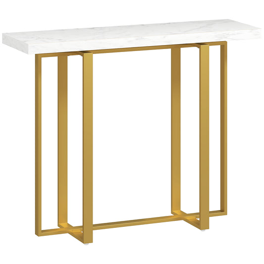 Console Table with Faux Marble Top, 100 cm Narrow Entryway Table with Anti-tipping Device, Steel Frame, White