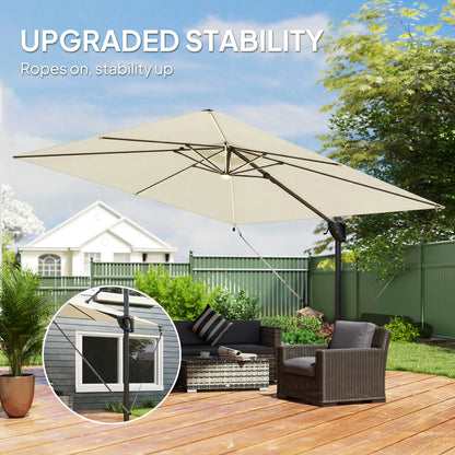 3 x 3 m Garden Cantilever Parasol w/ Light, Cover, UPF50+ Patio Umbrella w/ Wind Protection, 360° Rotation, Cream White