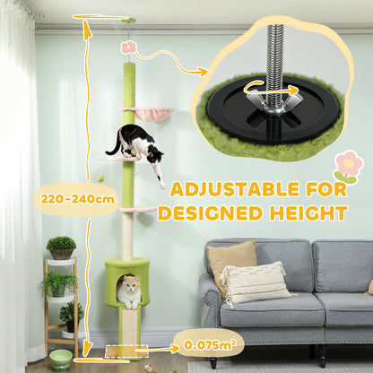 220-240 cm Floor to Ceiling Cat Tree Adjustable Height with Hammock, Condo, Scratching Posts, Green