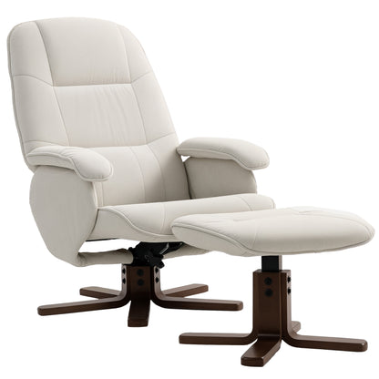 Linen Swivel Recliner Chair with Footstool, Upholstered Reclining Armchair with Wooden Base for Living Room, Beige