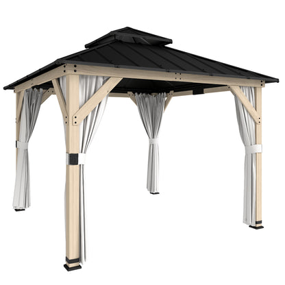 3 x 3 m Outdoor Hardtop Gazebo Canopy with 2-Tier Steel Roof, Wood Garden Gazebo with Curtains, Light Grey