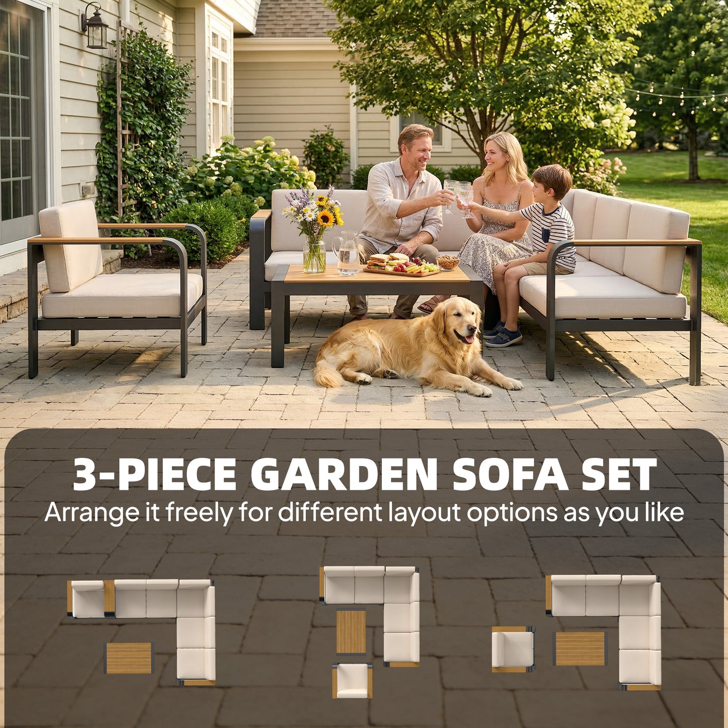 3 Pieces Garden Furniture Set with L-Shaped Sofa, Armchair and Coffee Table, Aluminium Garden Corner Sofa Set