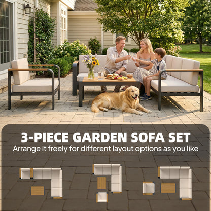 3 Pieces Garden Furniture Set with L-Shaped Sofa, Armchair and Coffee Table, Aluminium Garden Corner Sofa Set