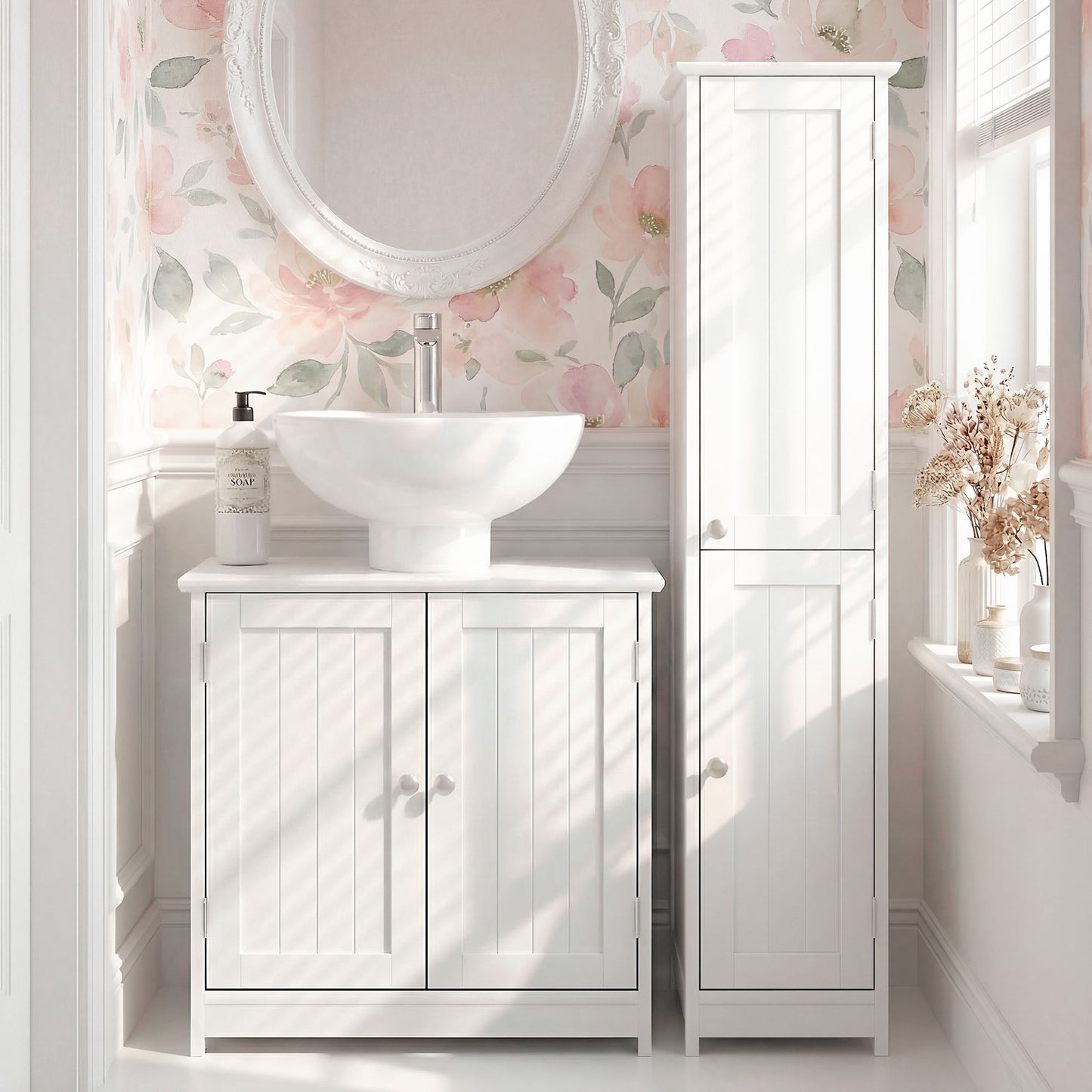 Under Sink Bathroom Cabinet, Freestanding Under Sink Cabinet with 2 Doors and Adjustable Shelf for Basin without or with Pede