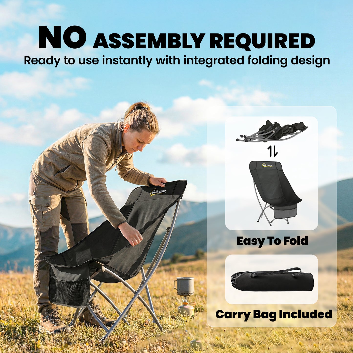 Camping Chair for Adults Heavy Duty Folding Camp Chair with Side Pocket and Carry Bag Black