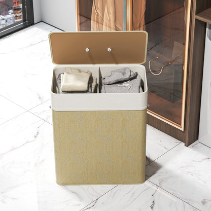 2 Section Laundry Basket with Lid, 100L Bamboo Laundry Hamper with Handles, Removable and Washable Liner, Cream White