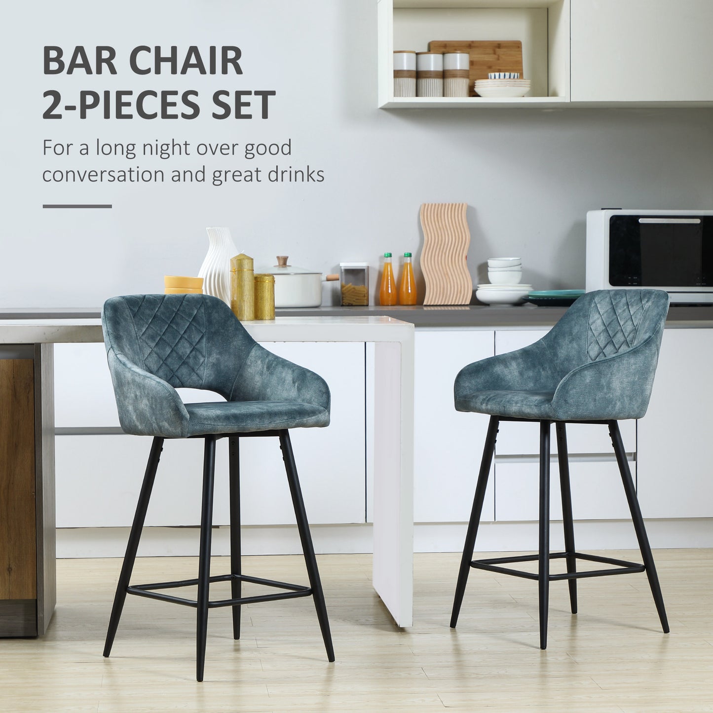 Bar Stools Set of 2, Velvet-Touch Fabric Counter Height Bar Chairs, Kitchen Stools with Steel Legs for Dining Area