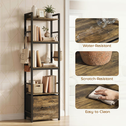 4-Tier Bookshelf, Narrow Bookcase with Drawer, 8 Hooks, Metal Frame, Rustic Brown