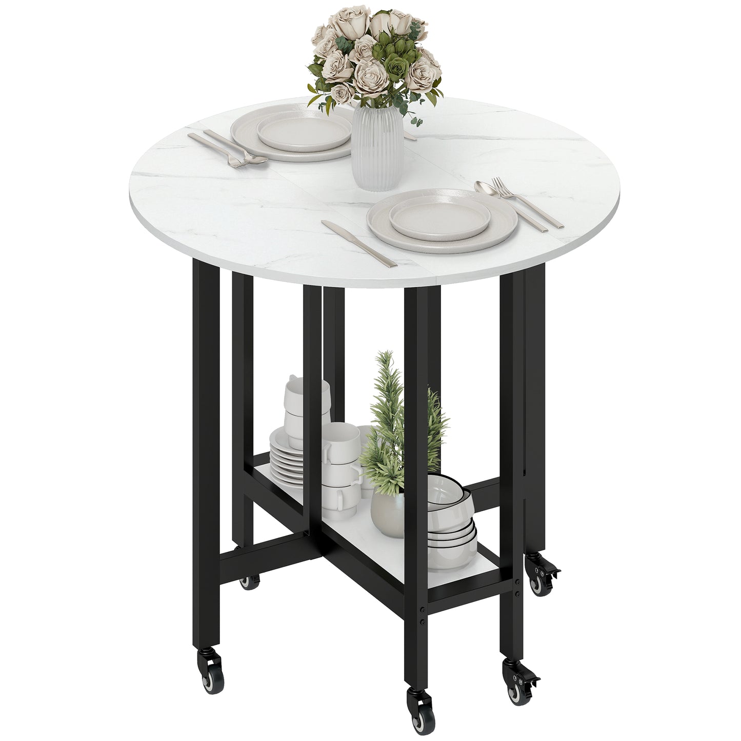 Folding Dining Table, Drop Leaf Table with Open Shelf, Rolling Kitchen Table for Dining Room, Small Spaces, White Marble