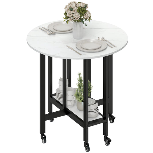 Folding Dining Table, Drop Leaf Table with Open Shelf, Rolling Kitchen Table for Dining Room, Small Spaces, White Marble