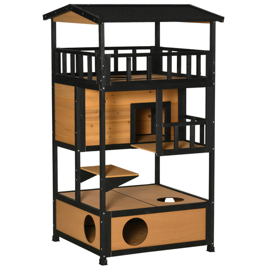 Wooden Outdoor Cat House, 3-Tier Cat Shelter with Tilted Roof, Terrace, Jump Step, Bottom Tray and Elevated Base